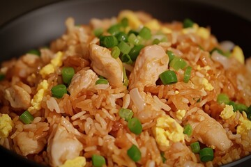 Delicious chicken fried rice topped with vibrant green onions and scrambled eggs, served in a dark bowl.