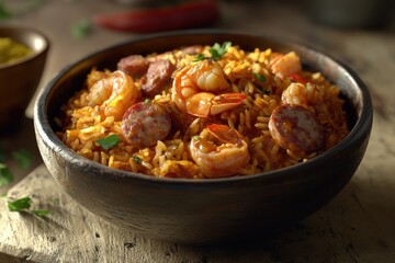 Fototapeta premium A close-up of a delicious bowl of shrimp and sausage rice dish, garnished with fresh herbs.