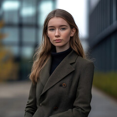 portrait of a young girl with long blonde hair. She is wearing a stylish double-breasted olive jacket and a black turtleneck.  