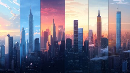 Fototapeta premium Cityscapes with skyscrapers and business districts at different times: day, night, sunrise, sunset. Vector illustrations.