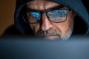 Image of a mature individual wearing glasses, visible code reflected, portraying the extensive experience and involvement in the digital and coding space.
