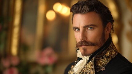 A regal individual in ornate, historical attire stares with intensity inside an opulent setting, highlighting elegance and sophistication through detailed fashion and expression