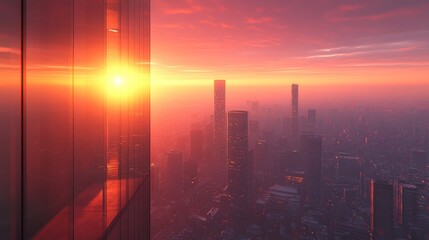 Fototapeta premium Sunset cityscape view from skyscraper.