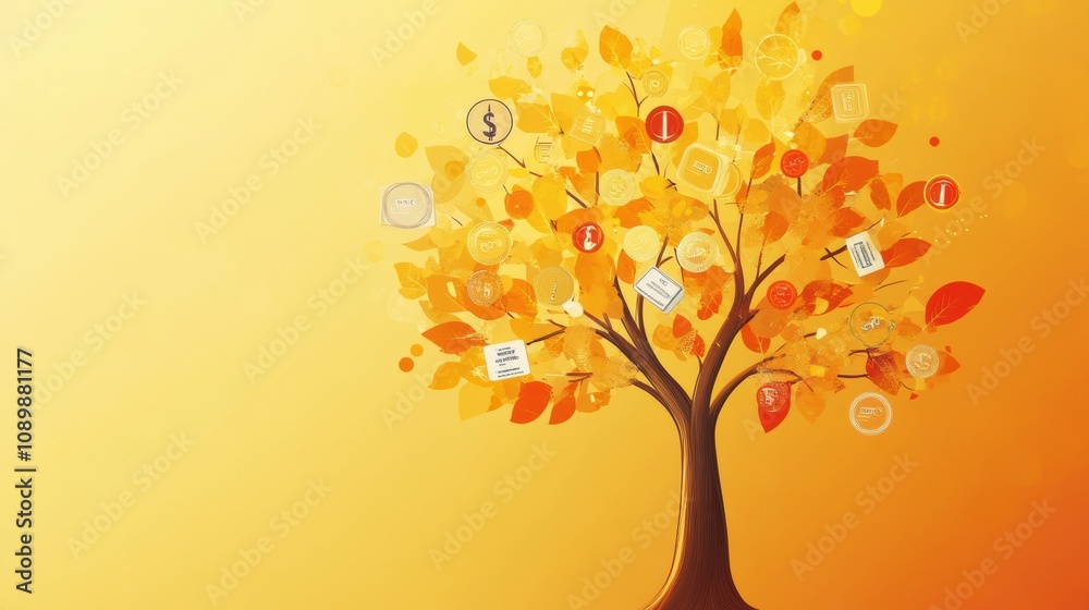 Poster Abstract tree branches burst with various discount symbols and price tags, showcasing a playful take on shopping and savings during autumn. Generative AI