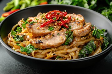 Fototapeta premium Delicious Asian-inspired noodle dish with grilled pork, fresh greens, and vibrant chili peppers.