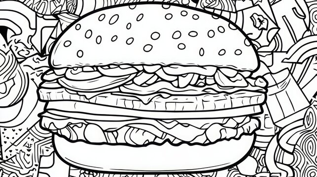 Coloring book page with simple, bold hamburger design for easy coloring, high-definition print 