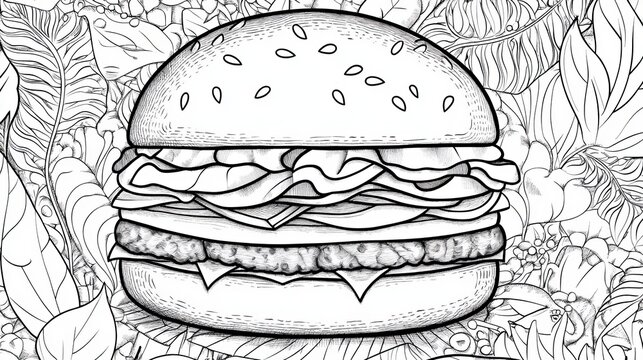 Coloring book page with simple, bold hamburger design for easy coloring, high-definition print 