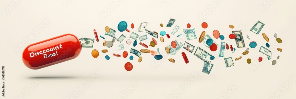 Poster a large red capsule labeled with discount deal releases an array of cash, coins, and colorful tokens