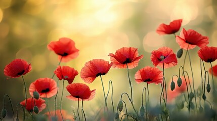 Obraz premium Red poppies blooming in a soft blurred background setting