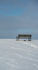 Solitary park bench in winter landscape with snow and blue sky