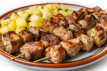 Fototapeta premium Delicious grilled skewers of marinated meat served with seasoned potato cubes, a feast for the senses.
