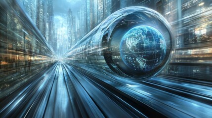 Obraz premium Futuristic city with a globe traveling in a glass tunnel at warp speed