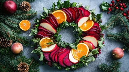 Festive Holiday Fruit and Vegetable Wreath with Apples, Oranges, Beetroot, and Greens Surrounded by Evergreen Branches and Pine Cones