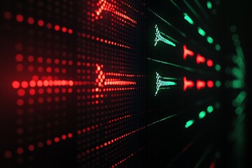 Fototapeta premium Subtle glowing arrows in red and green over a black background