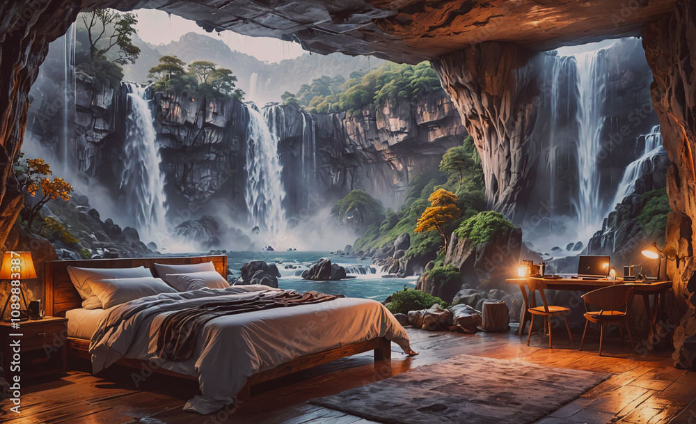 Poster a bedroom with a waterfall in the background. the waterfall is surrounded by trees and rocks. the ro
