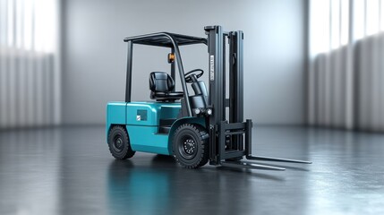 Teal forklift in a warehouse.