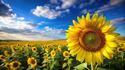 Obraz premium A vibrant sunflower in a bright yellow field with dark blue sky, garden flower, outdoor scene