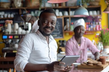Fototapeta premium Smiling African entrepreneur at cafe counter using digital tablet