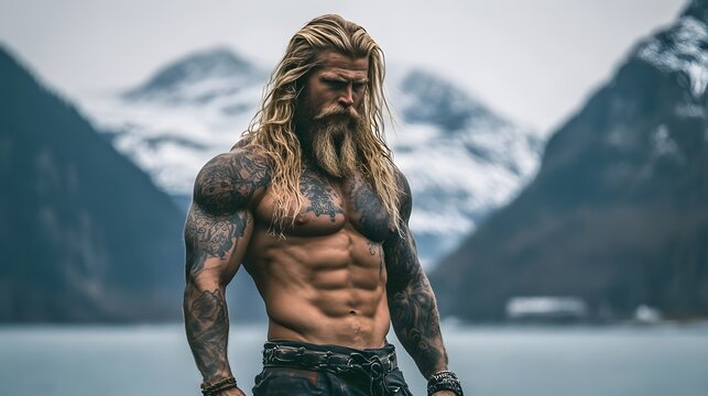 Muscular Viking with long blonde hair and a tattooed upper body