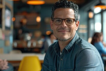 Obraz premium Happy millennial male business owner in modern office leading diverse team.
