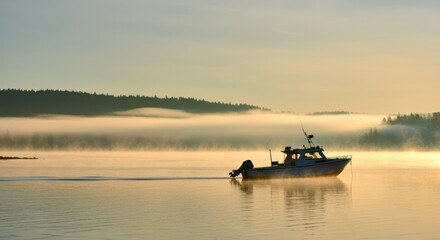 Obraz premium Tranquil sunrise over misty lake with fishing boat silhouette