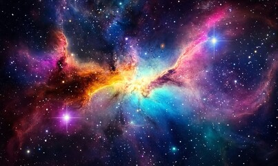 Obraz premium The brilliant display of a space nebula, with vibrant colors and star clusters illuminating the far reaches of the galaxy