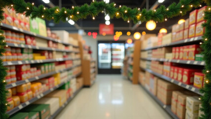 Fototapeta premium blurred background grocery supermarket decorated for Christmas and New Year