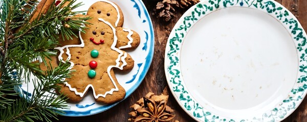 Fototapeta premium Festive gingerbread cookies on a decorative plate with pine branches and an empty plate, set for the holiday season, banner, background. Christmas and New Year