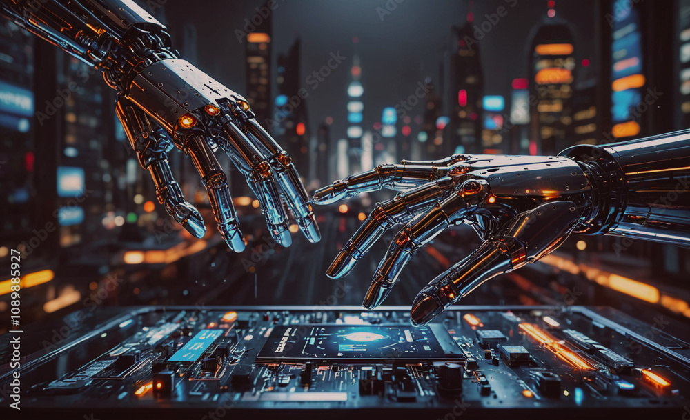 Aufkleber Two robotic hands are touching a computer screen. Concept of technology and innovation, as well as the idea of human-like machines interacting with the digital world