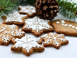 Beautifully decorated snowflake cookies arranged with a pinecone and evergreen branches during the holiday season. Christmas and New Year