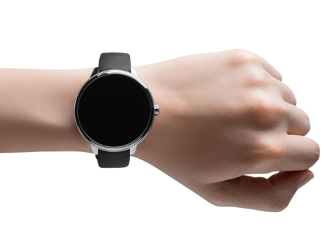 Wrist with blank smartwatch isolated on white background. PNG isolated.