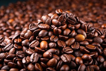 Fototapeta premium Dark roast coffee beans blended with arabica and robusta in a pile, forced perspective