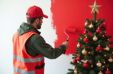  A man worker in a red cap and orange safety vest painting a wall with red paint next to a decorated Christmas tree adorned with red and gold ornaments and a star on top.
