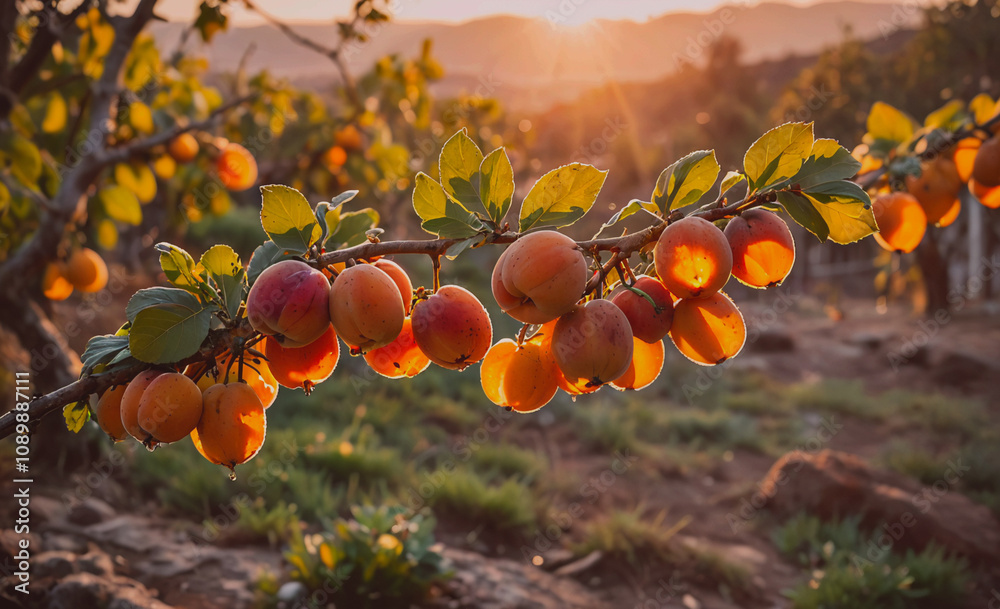 Poster A tree with many ripe peaches hanging from it. The sun is setting in the background