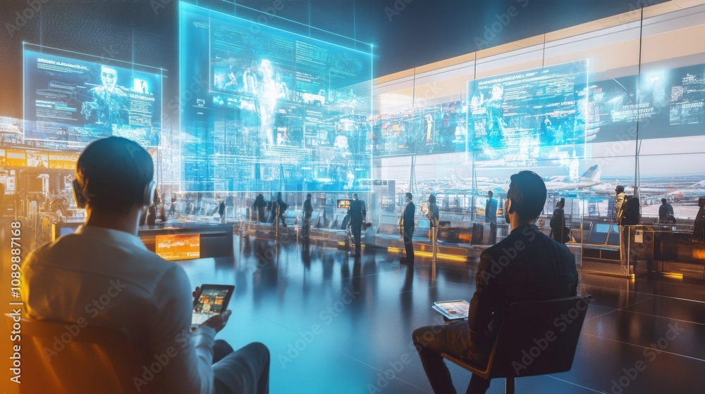 Poster In a modern travel terminal, passengers interact with advanced holographic displays providing information and entertainment. Individuals are seated while others navigate through the bustling area.