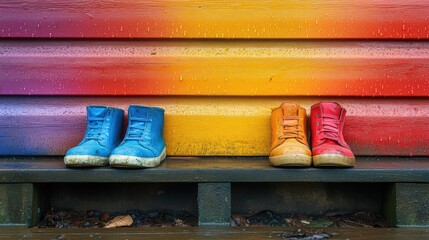 Two pairs of weathered blue and red boots resting on a wooden bench against a vibrant gradient wall, blending colors from purple to orange
