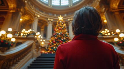 Obraz premium Woman admiring a grand Christmas tree in a majestic building.