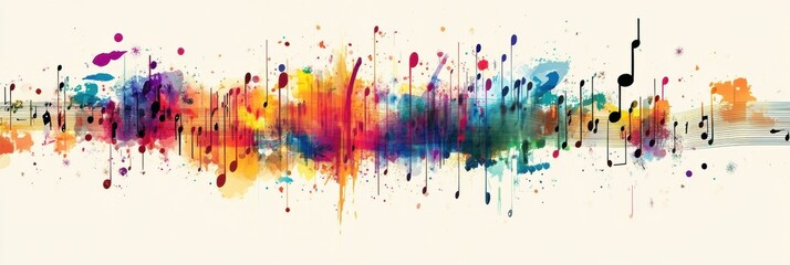 An abstract depiction of sound waves intermingles with musical notes, blending vivid colors that evoke the essence of music and creativity. Generative AI