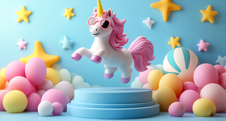 Fototapeta premium Colorful unicorn decor display. A cheerful unicorn figurine in sunglasses levitates above soft pastel decorations, creating a whimsical atmosphere.