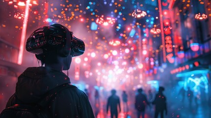 A person wearing a VR headset explores a vibrant, futuristic city at night. The city is filled with colorful lights and glowing orbs, creating a surreal atmosphere.