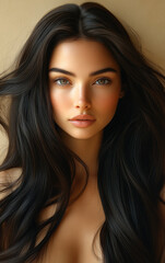 Naklejka premium Portrait of a young woman with long dark hair. Young woman with flowing dark hair poses gracefully against a neutral background, highlighting her striking features.