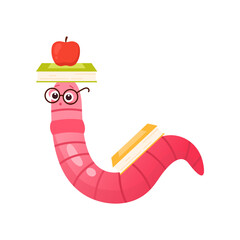 A cute pink cartoon worm balancing an apple next to a colorful dessert. A fun, whimsical illustration