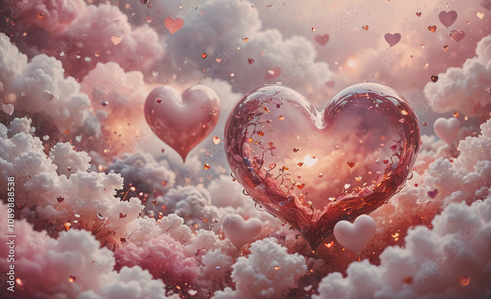 Poster a heart-shaped cloud with two hearts floating in it. the clouds are pink and the hearts are red