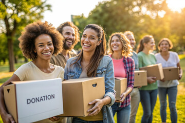 Smiling group holding donation boxes outdoors, sunny day in the park, vibrant charity gathering