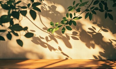 Sunlit wooden surface with shadows of leaves from a nearby plant cast on a beige wall, creating a natural and serene scene --ar 5:3 --v 6.1 Job ID: dfbc7cca-0408-4dca-a8fb-99d7b5948412