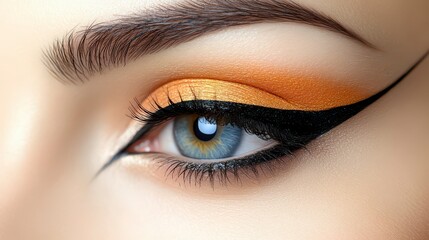 Obraz premium Close-Up of a Stunning Female Eye Showcasing Bold and Vibrant Fashion Magazine-Style Makeup with Dramatic Liner, Shimmering Eyeshadow, and Flawless Detail