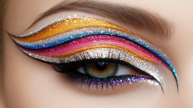 Close-Up of a Stunning Female Eye Showcasing Bold and Vibrant Fashion Magazine-Style Makeup with Dramatic Liner, Shimmering Eyeshadow, and Flawless Detail