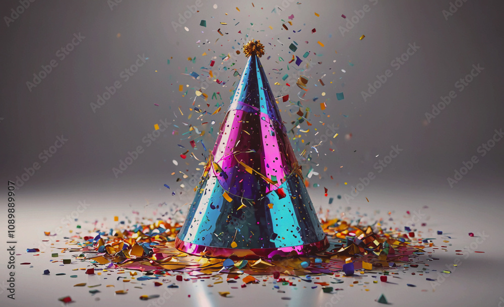 Poster a colorful party hat is on a table with confetti all around it. concept of celebration and fun