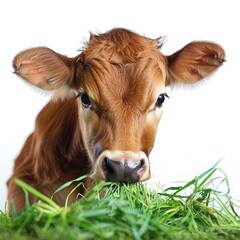 Fototapeta premium Brown cow eating grass isolated on white background. cow
