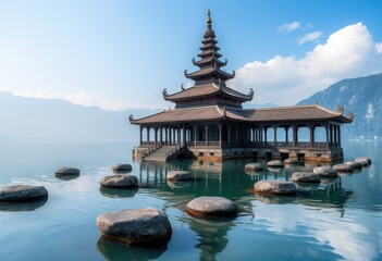 Obraz premium pagoda on a lake with rocks in the water